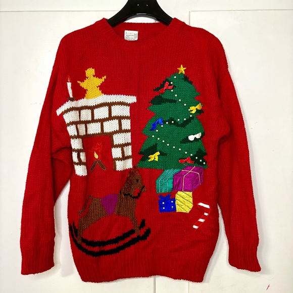Vintage 90s Red Graphic Knit Embellished Ugly Christmas Sweater - Picture 1 of 6